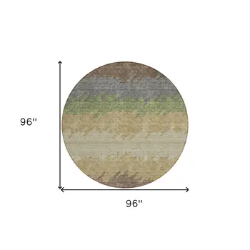 8' Chocolate Gray And Green Round Striped Washable Indoor Outdoor Area Rug