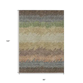 8' X 10' Chocolate Gray And Green Striped Washable Indoor Outdoor Area Rug