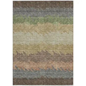 9' X 12' Chocolate Gray And Green Striped Washable Indoor Outdoor Area Rug