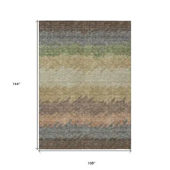 9' X 12' Chocolate Gray And Green Striped Washable Indoor Outdoor Area Rug