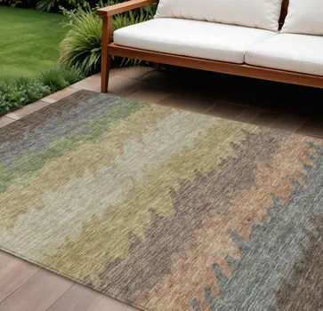 10' X 14' Chocolate Gray And Green Striped Washable Indoor Outdoor Area Rug