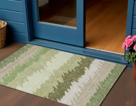 3' X 5' Green And Beige Striped Washable Indoor Outdoor Area Rug