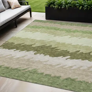 5' X 8' Green And Beige Striped Washable Indoor Outdoor Area Rug