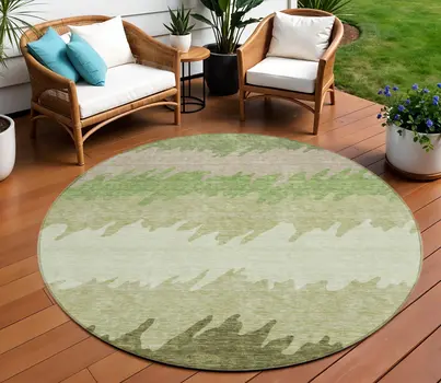 8' Beige And Olive Green Round Striped Washable Indoor Outdoor Area Rug