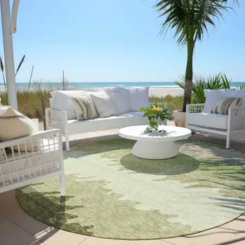 8' Beige And Olive Green Round Striped Washable Indoor Outdoor Area Rug