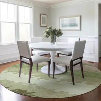 8' Beige And Olive Green Round Striped Washable Indoor Outdoor Area Rug