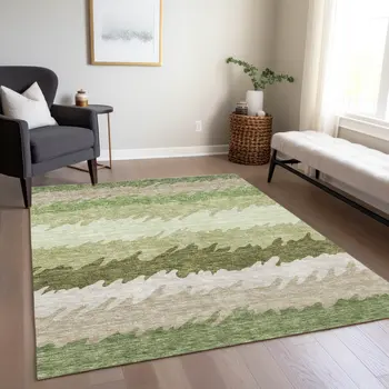 10' X 14' Beige And Olive Green Striped Washable Indoor Outdoor Area Rug