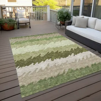 10' X 14' Beige And Olive Green Striped Washable Indoor Outdoor Area Rug