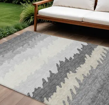 8' X 10' Gray Silver And Charcoal Striped Washable Indoor Outdoor Area Rug