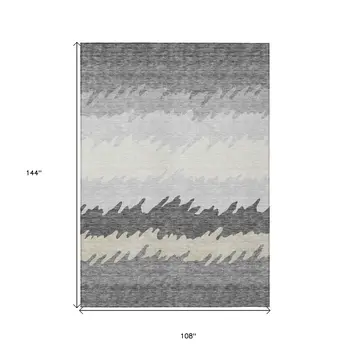 9' X 12' Gray Silver And Charcoal Striped Washable Indoor Outdoor Area Rug