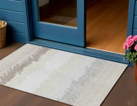 3' X 5' Ivory Beige And Taupe Striped Washable Indoor Outdoor Area Rug