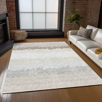 3' X 5' Ivory Beige And Taupe Striped Washable Indoor Outdoor Area Rug