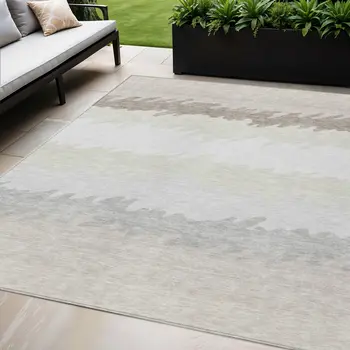 5' X 8' Ivory Beige And Taupe Striped Washable Indoor Outdoor Area Rug
