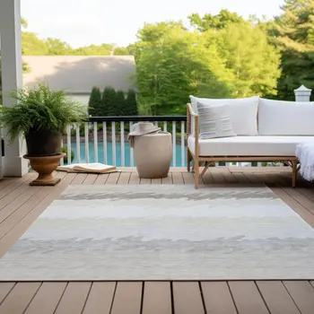8' X 10' Ivory Beige And Taupe Striped Washable Indoor Outdoor Area Rug