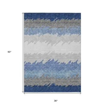 3' X 5' Navy Blue Gray And Silver Striped Washable Indoor Outdoor Area Rug
