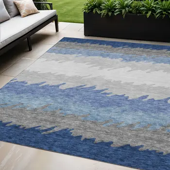 5' X 8' Navy Blue Gray And Silver Striped Washable Indoor Outdoor Area Rug