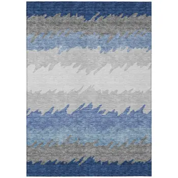 5' X 8' Navy Blue Gray And Silver Striped Washable Indoor Outdoor Area Rug