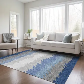 5' X 8' Navy Blue Gray And Silver Striped Washable Indoor Outdoor Area Rug