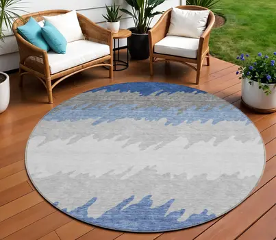 8' Navy Blue Gray And Silver Round Striped Washable Indoor Outdoor Area Rug