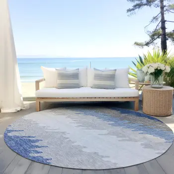 8' Navy Blue Gray And Silver Round Striped Washable Indoor Outdoor Area Rug