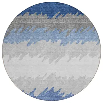 8' Navy Blue Gray And Silver Round Striped Washable Indoor Outdoor Area Rug