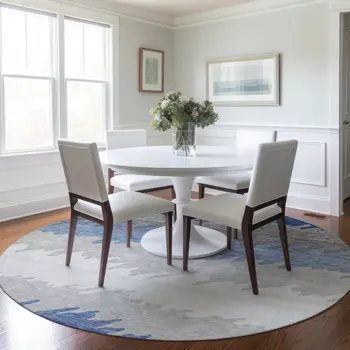 8' Navy Blue Gray And Silver Round Striped Washable Indoor Outdoor Area Rug