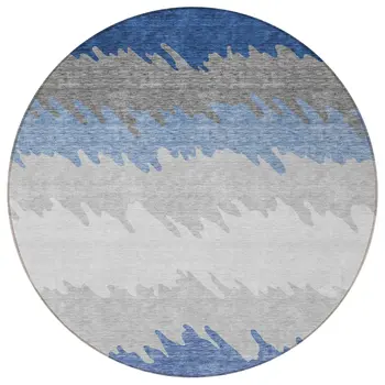 8' Navy Blue Gray And Silver Round Striped Washable Indoor Outdoor Area Rug
