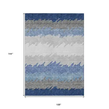 9' X 12' Navy Blue Gray And Silver Striped Washable Indoor Outdoor Area Rug