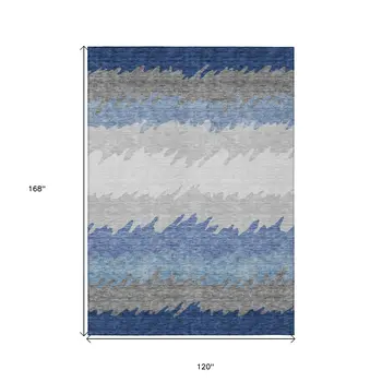 10' X 14' Navy Blue Gray And Silver Striped Washable Indoor Outdoor Area Rug