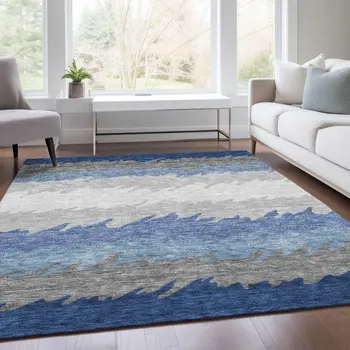 10' X 14' Navy Blue Gray And Silver Striped Washable Indoor Outdoor Area Rug