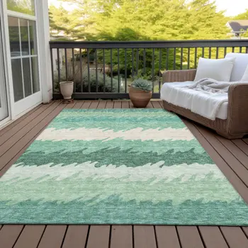 3' X 5' Sage Green And Ivory Striped Washable Indoor Outdoor Area Rug