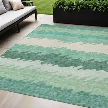 5' X 8' Sage Green And Ivory Striped Washable Indoor Outdoor Area Rug