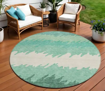 8' Sage Green And Ivory Round Striped Washable Indoor Outdoor Area Rug