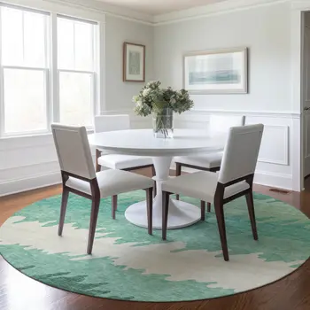 8' Sage Green And Ivory Round Striped Washable Indoor Outdoor Area Rug