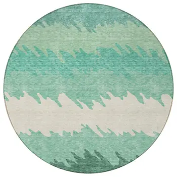 8' Sage Green And Ivory Round Striped Washable Indoor Outdoor Area Rug