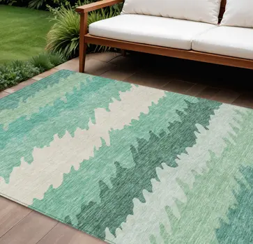 8' X 10' Sage Green And Ivory Striped Washable Indoor Outdoor Area Rug