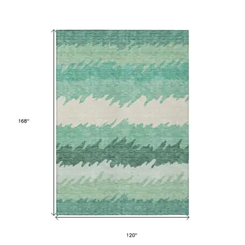 10' X 14' Sage Green And Ivory Striped Washable Indoor Outdoor Area Rug