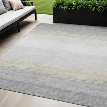 5' X 8' Silver Gray And Beige Striped Washable Indoor Outdoor Area Rug
