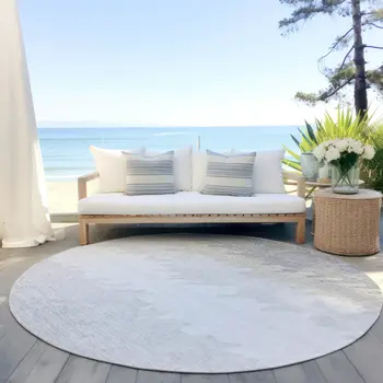 8' Silver Gray And Beige Round Striped Washable Indoor Outdoor Area Rug