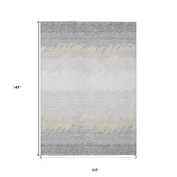9' X 12' Silver Gray And Beige Striped Washable Indoor Outdoor Area Rug