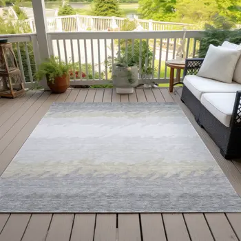 9' X 12' Silver Gray And Beige Striped Washable Indoor Outdoor Area Rug