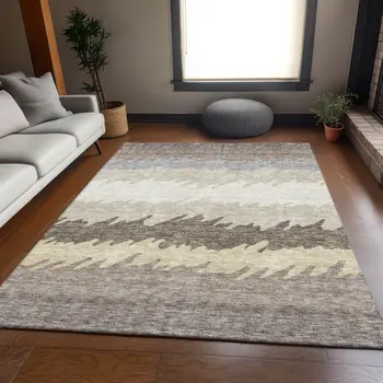 3' X 5' Taupe Brown And Gray Striped Washable Indoor Outdoor Area Rug