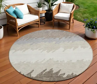 8' Taupe Brown And Gray Round Striped Washable Indoor Outdoor Area Rug