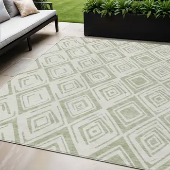 5' X 8' Artichoke Green And Ivory Geometric Washable Indoor Outdoor Area Rug