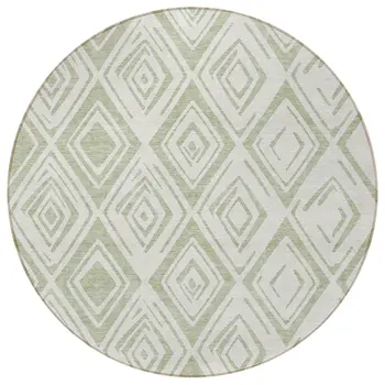 8' Artichoke Green And Ivory Round Geometric Washable Indoor Outdoor Area Rug