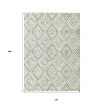 9' X 12' Artichoke Green And Ivory Geometric Washable Indoor Outdoor Area Rug