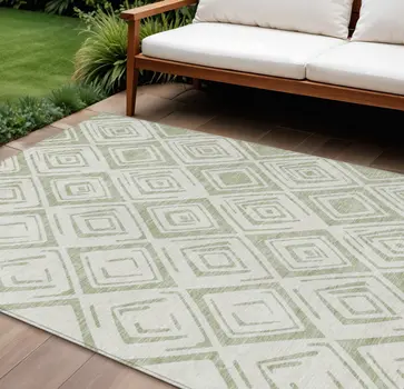 9' X 12' Artichoke Green And Ivory Geometric Washable Indoor Outdoor Area Rug