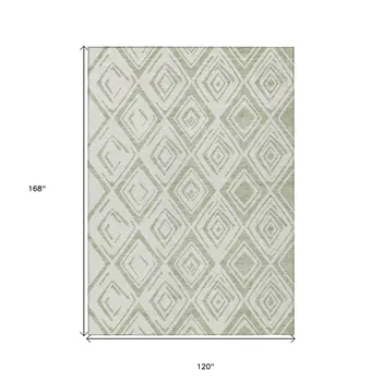 10' X 14' Artichoke Green And Ivory Geometric Washable Indoor Outdoor Area Rug