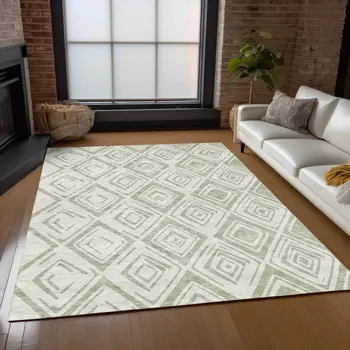 10' X 14' Artichoke Green And Ivory Geometric Washable Indoor Outdoor Area Rug