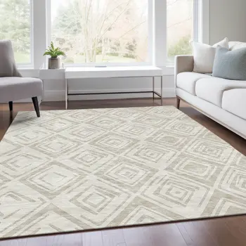 5' X 8' Beige And Ivory Geometric Washable Indoor Outdoor Area Rug